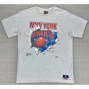 Vintage New York Knicks Shirt Mens L Gray Breakthrough Graphic Nutmeg 90s Logo